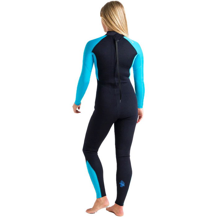 2024 C-Skins Frauen Surflite 3/2mm Gbs Rckenreiverschluss Neoprenanzug C-SL32WBZ - Raven Black / Bright Cyan / Azure